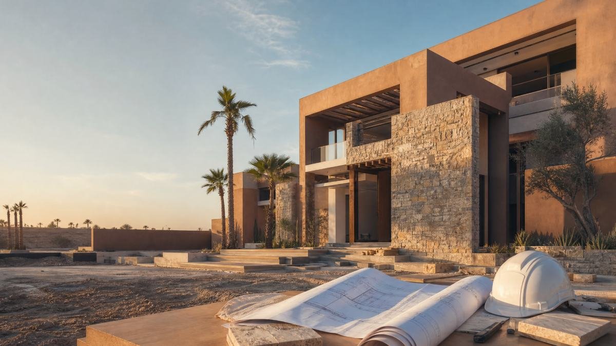 Villa contemporaine en construction à Marrakech avec plans architecturaux et casque de chantier au premier plan
