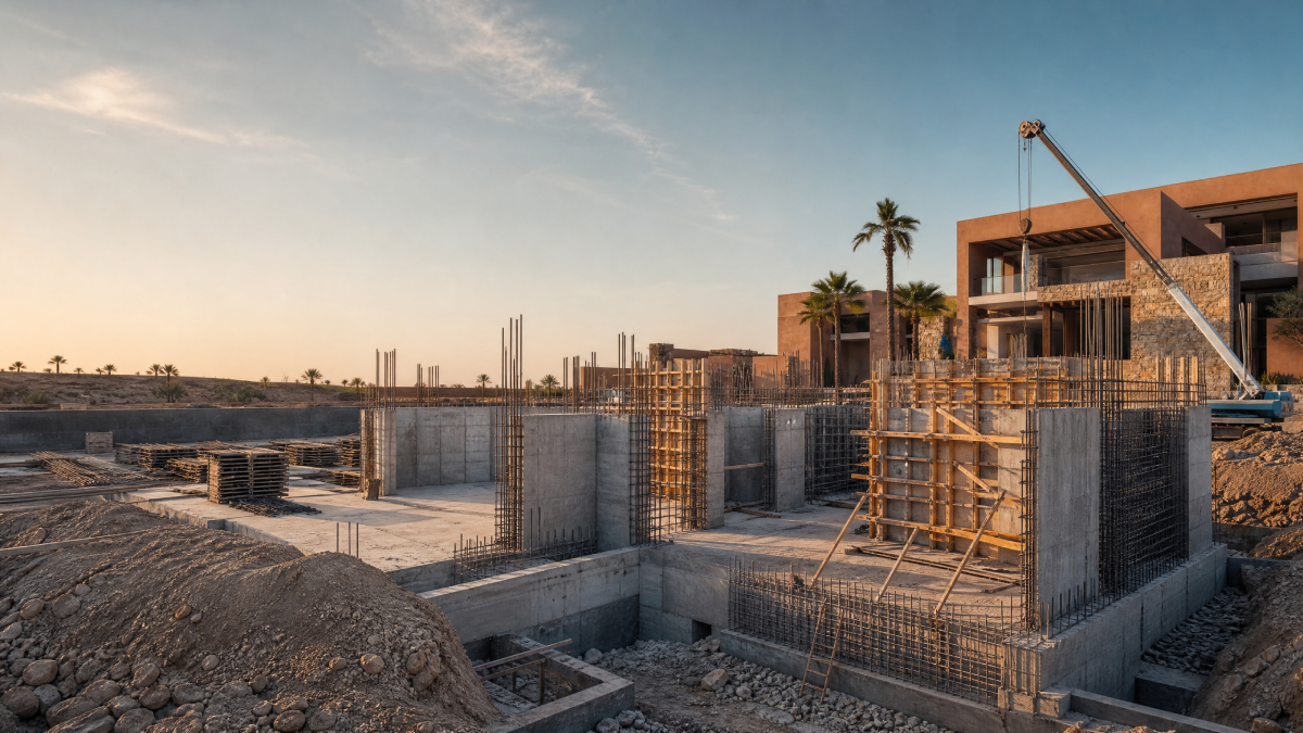 Fondations et murs en béton armé d’une villa en construction à Marrakech avec armatures métalliques visibles